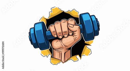 A clenched fist grips a blue dumbbell, breaking through a torn yellow paper background