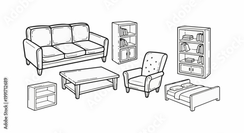 A black and white sketch of various furniture pieces sofa, armchair, bed, coffee table, nightstand, and bookshelves