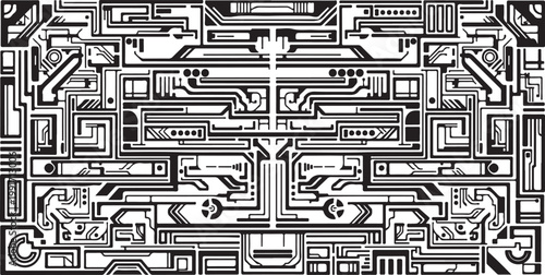 Intricate Circuit Board Design in Black and White