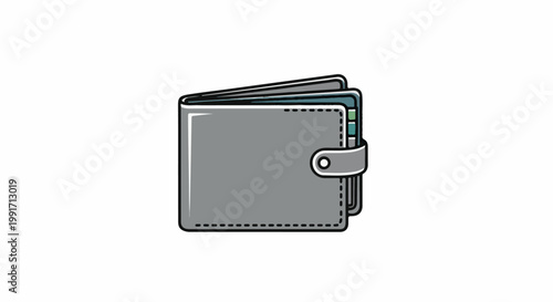A closed, flat, gray wallet with a snap closure and layered, colored interior flaps