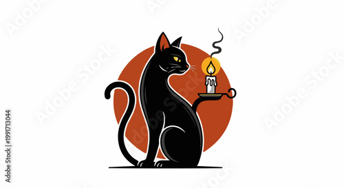A black cat sits holding a lit candle with smoke rising