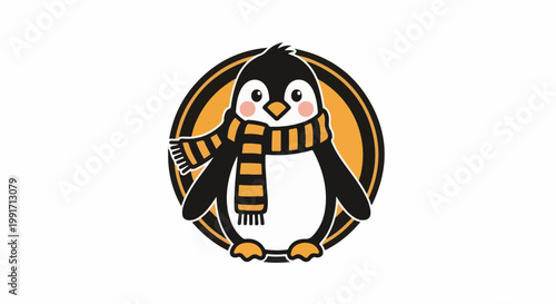 A cartoon penguin with rosy cheeks wears a striped scarf and stands within a circular frame