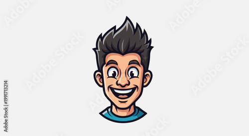 A cartoon portrait of a happy young man with spiky dark hair and wide blue eyes