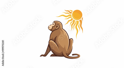 A brown monkey sits with its back to the viewer, looking up at a bright orange sun