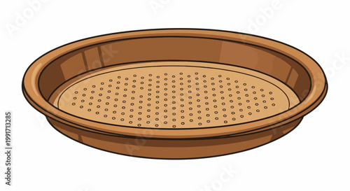 A brown, oval-shaped sieve with a perforated base, viewed from an elevated angle