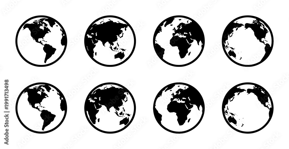 Obraz premium Minimalist world globe icons set, black and white earth map vector collection, 8 global planet spheres showing different continents and regions