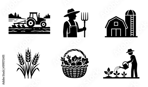 Agriculture and farming icon set, 6 black vector silhouettes of tractor, farmer, barn, wheat, and harvest basket, organic food production symbols