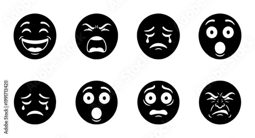 Black emoji icon set with 8 expressive faces, minimalist solid vector emoticons, collection of diverse facial expressions for digital communication