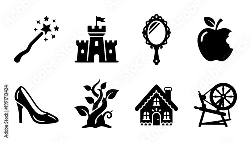 Fairy tale icon set with 8 black vector silhouettes, magic wand and castle symbols, fantasy storybook elements for children publishing and web design