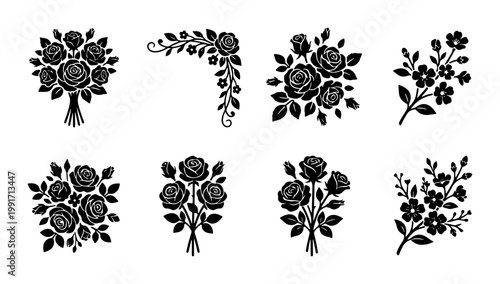 Vintage black rose silhouettes set, 8 floral bouquet vector icons, elegant botanical garden flower arrangements for wedding invitations and decor
