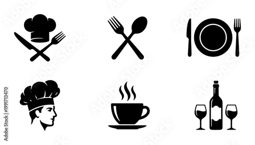 Restaurant icons set with chef hat and cutlery, black dining symbols for menu design, 6 vector elements for cafe and bistro branding