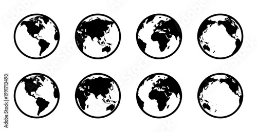 Minimalist world globe icons set, black and white earth map vector collection, 8 global planet spheres showing different continents and regions