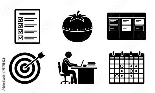 Pomodoro technique productivity icons set, time management and workflow optimization symbols, black solid vector graphics for business planning