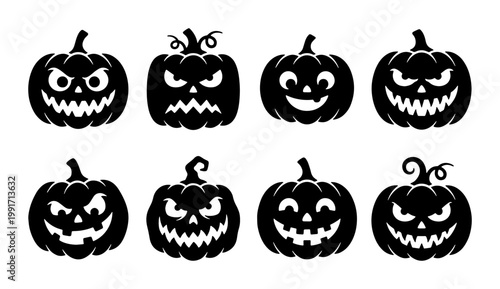 Halloween jack o lantern pumpkin silhouettes, set of 8 spooky carved pumpkin faces, black vector icons for autumn holiday decor and party invitations
