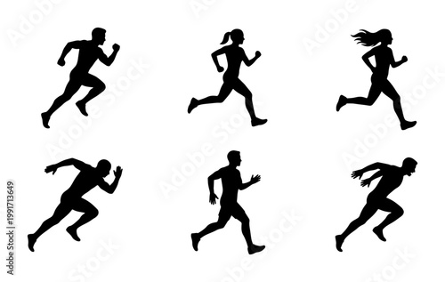 Running silhouette vector set, athletic people sprinting and jogging icons, 6 black male and female runner figures for fitness and marathon design
