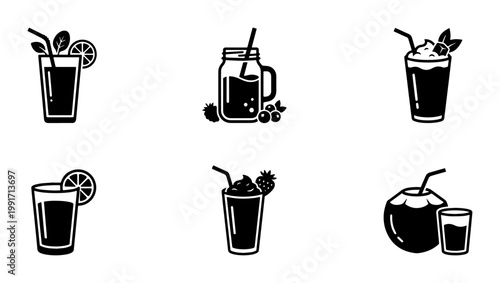 Minimalist smoothie icon set, black and white beverage vector collection, 6 healthy drink illustrations for cafe menus and juice bar branding