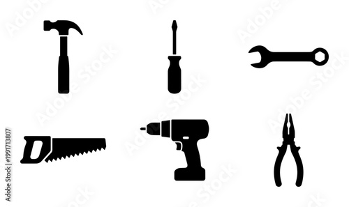 Black silhouette construction tools icon set, 6 professional hardware equipment symbols, minimalist carpentry and DIY repair vector elements