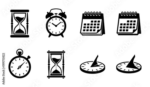 Minimalist time management icons, black silhouette clock and calendar symbols, set of 8 vector elements for scheduling and productivity apps