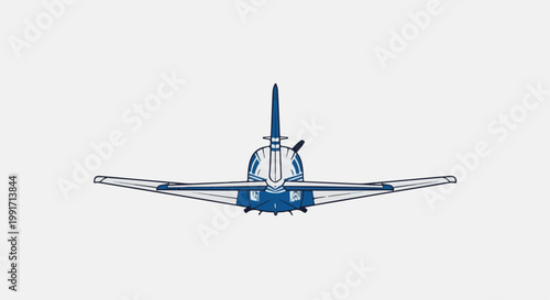 A blue and white airplane with a propeller is shown from a frontal view against a pale background