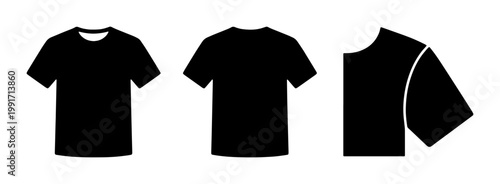Black t-shirt vector template, blank apparel mockup set with front back and side views, minimalist clothing icons for fashion design and branding