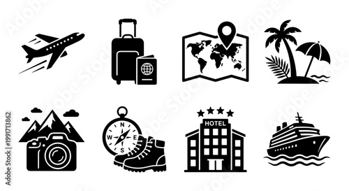 Travel and tourism icon set, black solid vector symbols for vacation planning, 8 flat icons including airplane luggage hotel and cruise ship