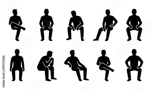 Sitting man silhouette collection, 10 male figures in various seated poses, black vector icons of people resting and waiting for architectural diagrams