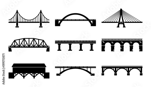 Bridge silhouette icons set, 9 vector bridge types including suspension and arch structures, black bridge construction symbols for engineering and travel