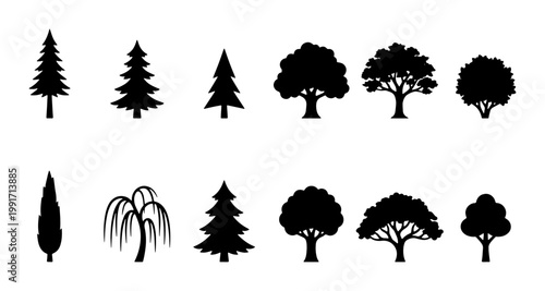 Minimalist tree silhouette collection, 12 black forest and garden plant icons, flat vector nature symbols for landscape design and mapping