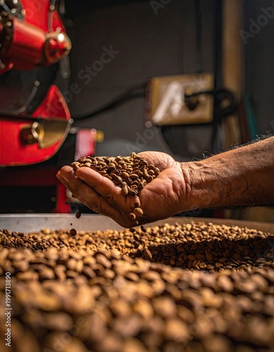 Hand holds roasted coffee beans, factory-like setting