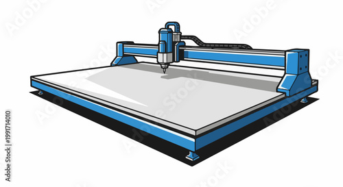 A blue and white automated cutting machine with a spindle positioned over a flat surface