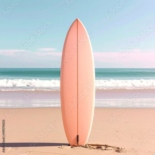 Peach surfboard on a beach, waves and sky visible