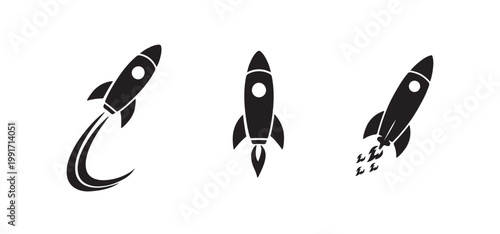 Rocket icon set with simple vector shapes. Rocket collection representing startup success, innovation, and space exploration for modern business and tech design.  Silhouette, black vector icon.