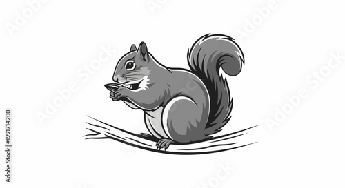 A cartoon squirrel with a bushy tail sits on a tree branch, holding a nut