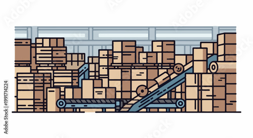 A busy warehouse scene with stacked boxes and a conveyor belt in motion, suggesting an industrial environment