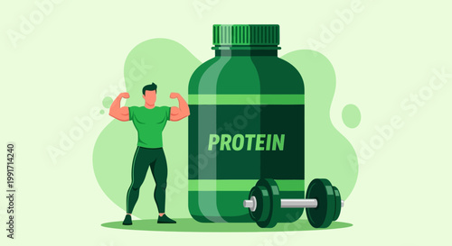 Illustration of a muscular man flexing beside a green protein bottle and dumbbell with a minimalist green background.