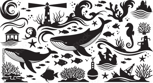 Whimsical Ocean Creatures and Landmarks Vector Illustration Art
