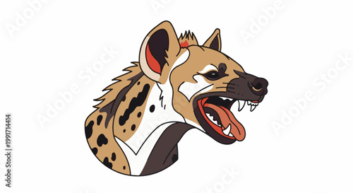 A cartoon hyena with open mouth, sharp teeth, and spotted fur on white