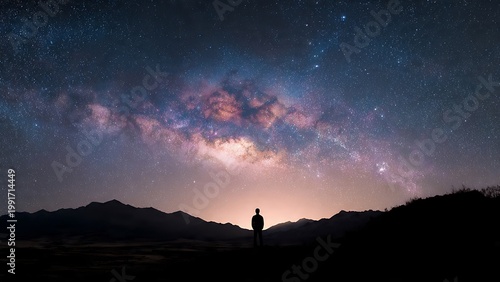A Lone Figure Gazes at the Majestic Milky Way Under a Starry Night Sky