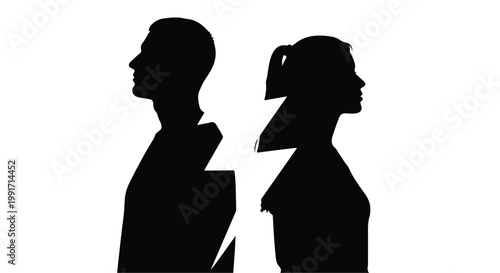 Black silhouette of couple facing away from each other with cracked break in between representing relationship problems and divorce