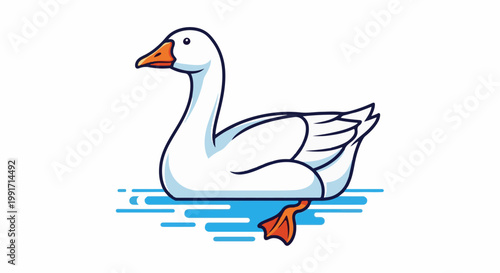 A cartoon goose with white feathers and an orange beak floats gracefully on stylized blue water