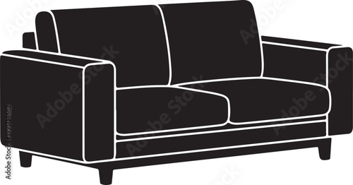 Modern black leather three-seater sofa with sleek design and clean lines silhouette vector icon