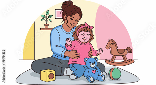 A caregiver embraces a gleeful child, surrounded by toys in a cozy room setting