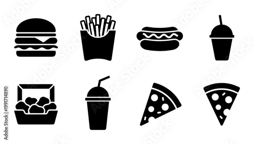 Fast food icon set with 8 black silhouettes, minimalist junk food vector elements, burger pizza and soda symbols for restaurant menus