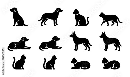 Minimalist pet silhouettes set, 12 black dog and cat icons, flat vector animal shapes for veterinary clinic branding and pet shop signage