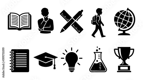 Education icon set with 10 black silhouettes, school and learning symbols, academic study vector elements for teaching and university branding