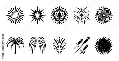 Black firework icons set, 10 festive firework vector symbols, minimalist pyrotechnic burst and rocket silhouettes for celebration design