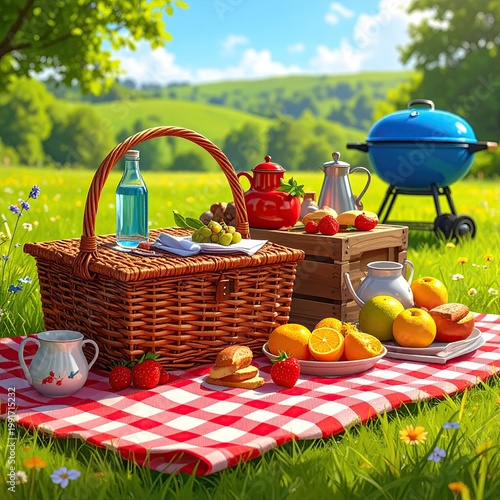 Sunny day picnic with food, basket, and barbecue