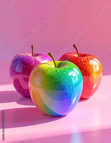 Three shiny, colorful apples on a pink backdrop
