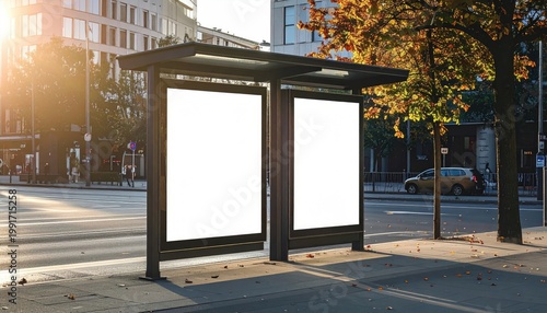 Urban bus stop with blank billboards, sunny background (1)
