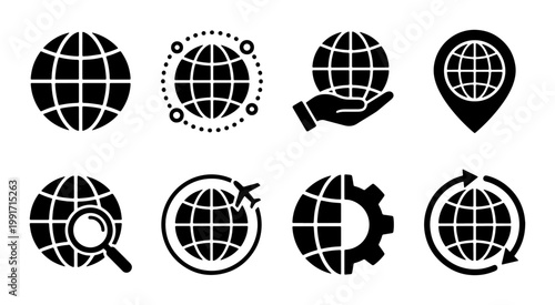 Global business icons set, 8 black vector globe symbols for logistics and travel, world map signs for international trade and communication